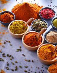 Variety of spices on kitchen table
