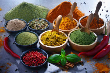 Variety of spices on kitchen table