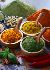 Variety of spices on kitchen table