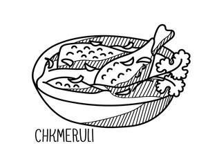 Hand drawn vector illustration of Chkmerui. Doodle isolated on white background with hand written title of the dish.