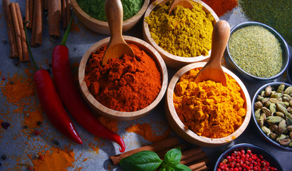 Variety of spices on kitchen table