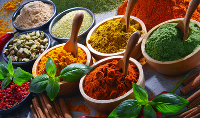 Variety of spices on kitchen table