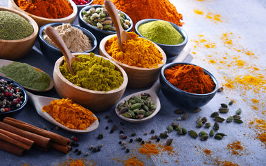 Variety of spices on kitchen table