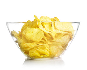Many potato chips isolated on  white background
