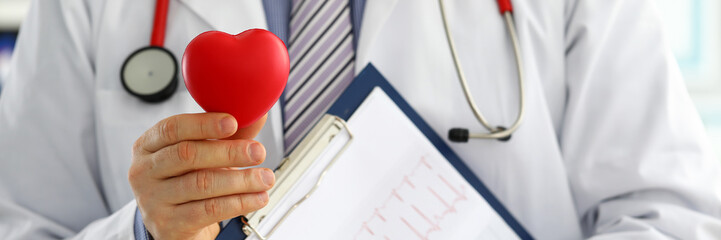 Male medicine doctor hands holding red toy heart