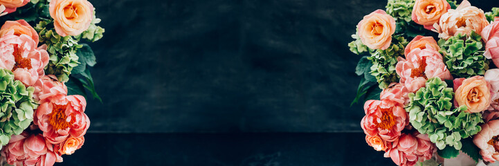 Fresh bunch of pink peonies, hydrangea and roses. Card Concept, pastel colors, close up image, banner image