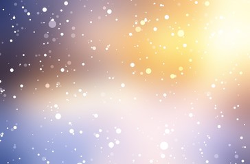 Yellow blue winter blur background. Light snow falls and shimmer in winter sun. Shiny defocus abstract illustration.