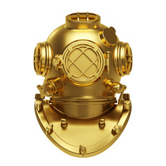 Gold vintage deep sea diving helmet isolated on white background. Minimal design art. 3d illustration.