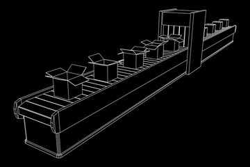 Conveyor belt section with pack boxes. Factory production equipment. Wireframe low poly mesh vector illustration