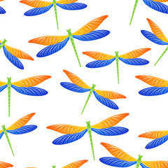 Dragonfly vintage seamless pattern. Spring clothes fabric print with damselfly insects. Flying 