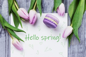 Hello spring card. Spring pink flowers tulips, violet macaron and white sheet on a gray wooden background. Top view