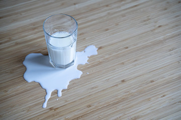 glass on wooden table with milk spilled over in a puddle
