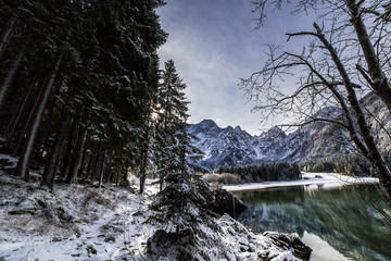 first snow at the mountain lake