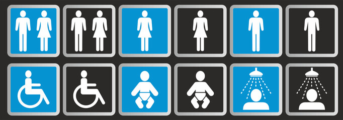 Vector illustration. Signs, set with icons for toilet ladies, men, disability, baby and shower.