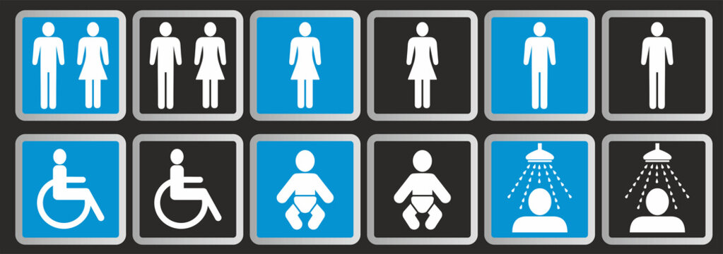 Vector illustration. Signs, set with icons for toilet ladies, men, disability, baby and shower.
