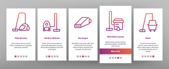 Vacuum Cleaner Device Onboarding Icons Set Vector. Industrial And Household, Handheld And Robotic, Canister Cleaner Home Appliance Illustrations
