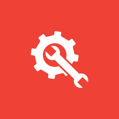 Service Tools Red Icon On White Background. Red Gear Wheel & Hammer Flat Style Vector Illustration