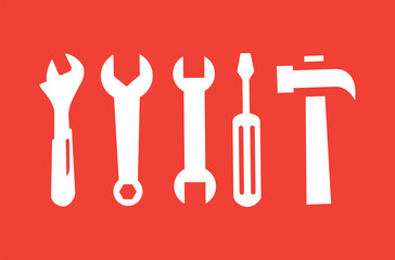 Wrench Spanner Screwdriver And Hammer Line Red Icon On White Background. Red Flat Style Vector.