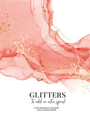 Watercolor coral  gold luxury design. Contemporary alcohol ink texture marco template. Modern liquid flow vector: pink, salmon color