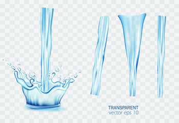 Transparent vector water splash and flowing stream on light background.  Set of moisture skincare liquid elements templates. Purified mineral water pouring advertising, package, promo, web design.