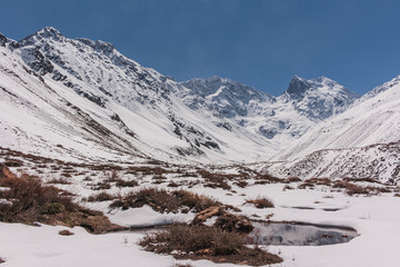 Natural Monument El Morado. Mountain El Morado and valley, in Cajón del Maipo, Central Andes of Chile.