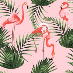 Colorful floral pattern with flamingo and exotic tropical leaves illustration. Fashion ornament on pink background. © Iuliia
