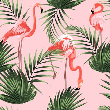 Colorful floral pattern with flamingo and exotic tropical leaves illustration. Fashion ornament on pink background.