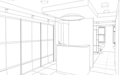 interior beauty salon contour visualization, 3D illustration, sketch, outline