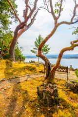 A bench with gorgeous view at mountain lake, British Columbia, Canada.
