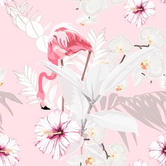 Obraz premium Pink flamingo, graphic palm leaves, ficus and hibiscus flowers, pink background. Floral seamless pattern. Tropical illustration. Exotic plants, birds. Summer beach design. Paradise nature.