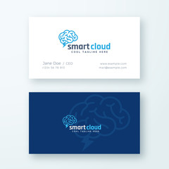 Smart Cloud Abstract Vector Logo and Business Card Template. Brain Cloud with Lightning Emblem. Data Storage Concept. Premium Stationary Realistic Mock Up.