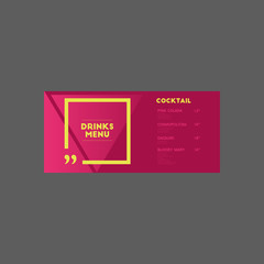 Drinks menu. Cocktail. White and red wine. Triangle, square and quotes. List, banner, idea, cover, booklet, flyer, layout, menu. Template typography design.