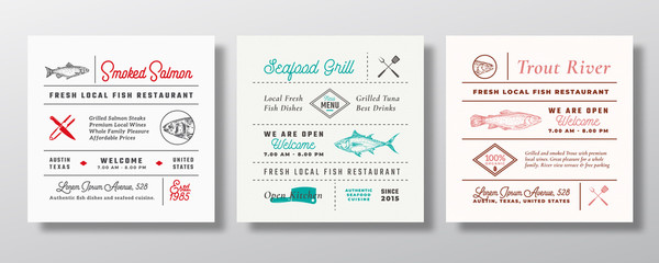 Local Fish and Seafood Party or Restaurant Signs, Titles or Menu Decoration Elements Set. Retro Typography Layouts Bundle with Hand Drawn Trout, Tuna and Salmon Sketches. Vintage Label Templates. - obrazy, fototapety, plakaty