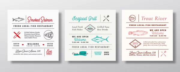 Fotobehang Local Fish and Seafood Party or Restaurant Signs, Titles or Menu Decoration Elements Set. Retro Typography Layouts Bundle with Hand Drawn Trout, Tuna and Salmon Sketches. Vintage Label Templates. © createvil