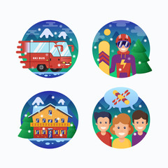 Ski or Snowboard Resort Icons Collection. Vector Circle Banners of Snowboarding Instructor, Ski Bus, Alpine Hotel and Like-Minded People with Snowflakes. Action Sports Emblems Set.