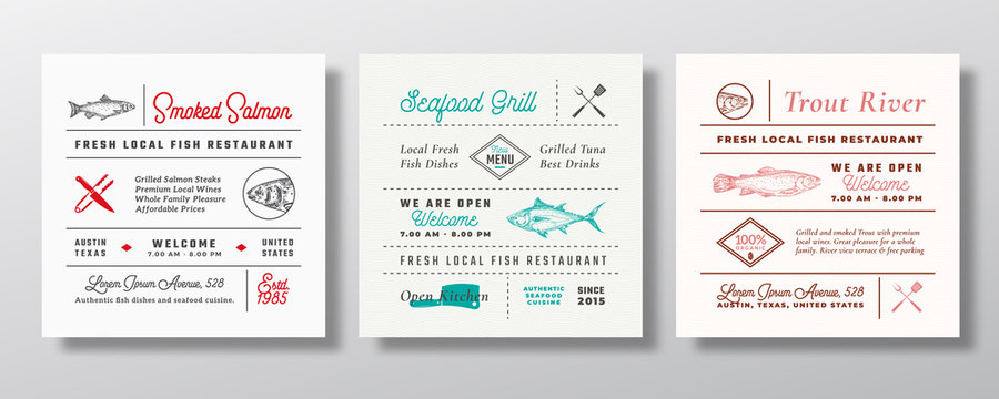 Local Fish and Seafood Party or Restaurant Signs, Titles or Menu Decoration Elements Set. Retro Typography Layouts Bundle with Hand Drawn Trout, Tuna and Salmon Sketches. Vintage Label Templates.