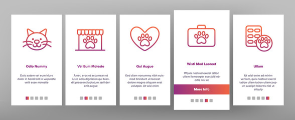 Pet Clinic Veterinary Onboarding Icons Set Vector. Dog Paw On Heart And Medical Cross, Birdcage And Cell, Clinic Equipment Illustrations
