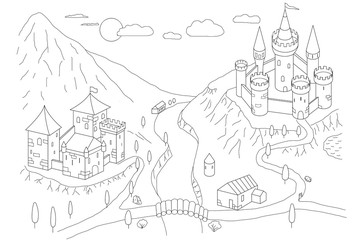Fototapeta na wymiar landscape mountains and two medieval fortresses coloring page illustration for painting