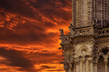 Fire of Notre Dame cathedral in Paris. Close up gargoyles