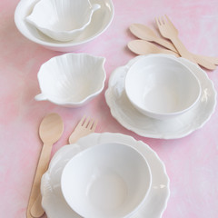 Different white ceramic plates, various tableware