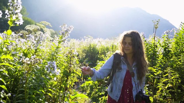 Young woman walking in mountain. Pretty girl tourist in sundress touching leaves and enjoying summer vacation while moving at camera among field flowering wild herbs in backlit. 