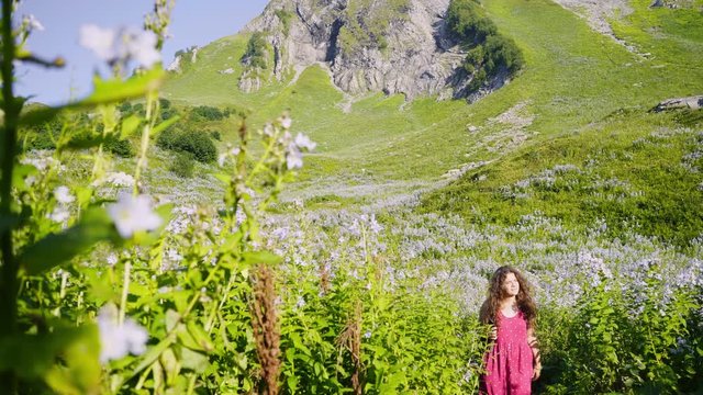 Young woman walking in mountain. Pretty girl tourist in pink sundress touching leaves and enjoying summer vacation while moving at camera among alpine meadow with flowering plants
