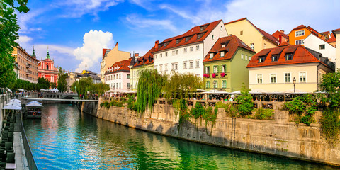 Fototapeta premium Travel and landmarks of Slovenia - beautiful Ljubljana capital city with charming downtown and canals