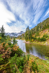 Beautiful Mountain River at the Bagley Lake Trail Park. Mount Baker, Washington, USA.
