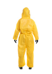 Woman wearing chemical protective suit on white background, back view. Virus research