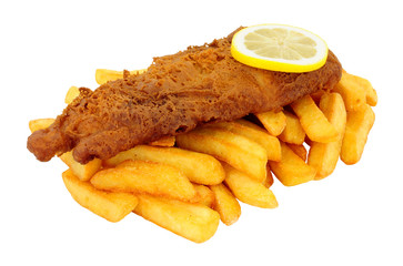 Beer battered fish and chips meal isolated on a white background