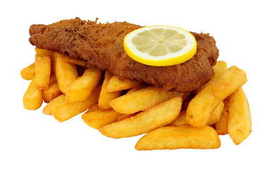 Beer battered fish and chips meal isolated on a white background