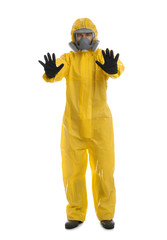 Man wearing chemical protective suit showing STOP gesture on white background. Prevention of virus spread