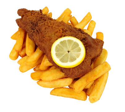 Beer Battered Fish And Chips Meal Isolated On A White Background