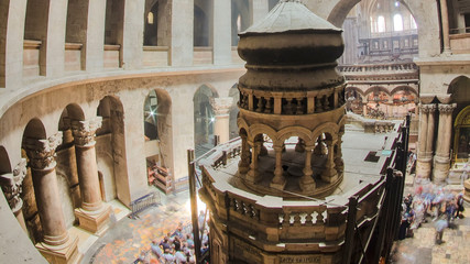 The Holy Sepulchre Church inside from top in Jerusalem timelapse.